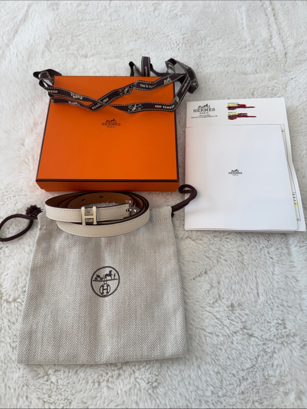 Authentic Hermes Pop H 15mm Craie & Silver Leather Belt